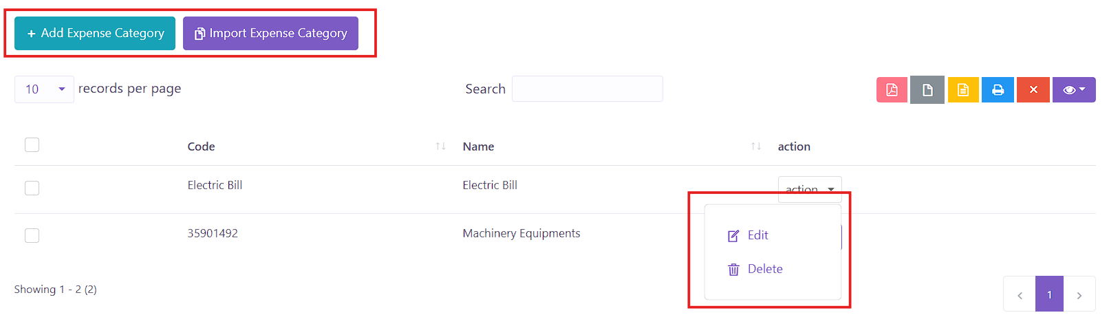 Expense Category List