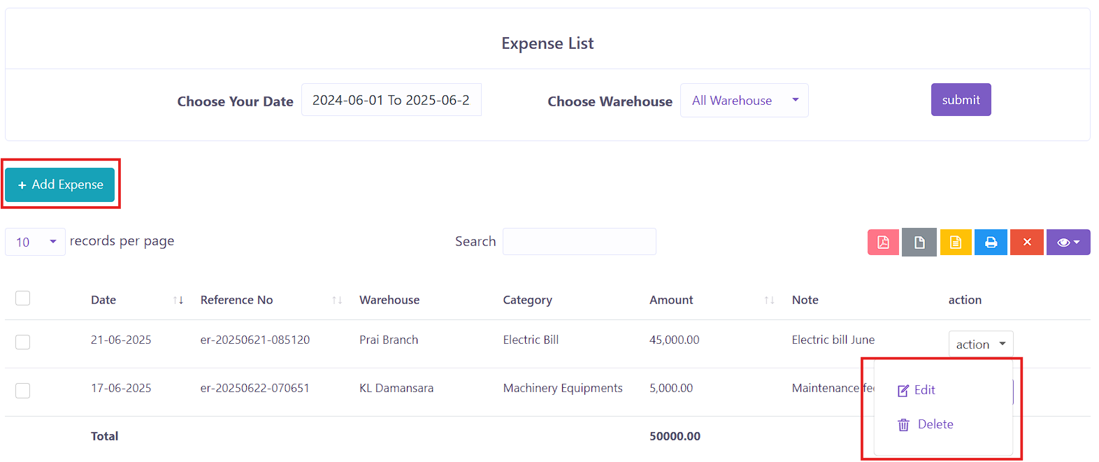 Expense List Page