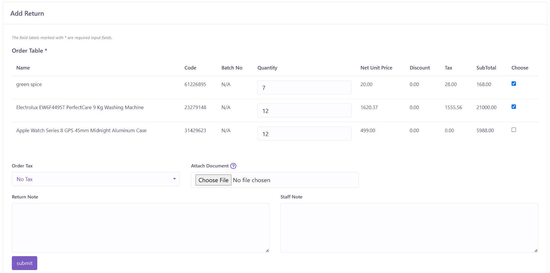 Sale Return Form
